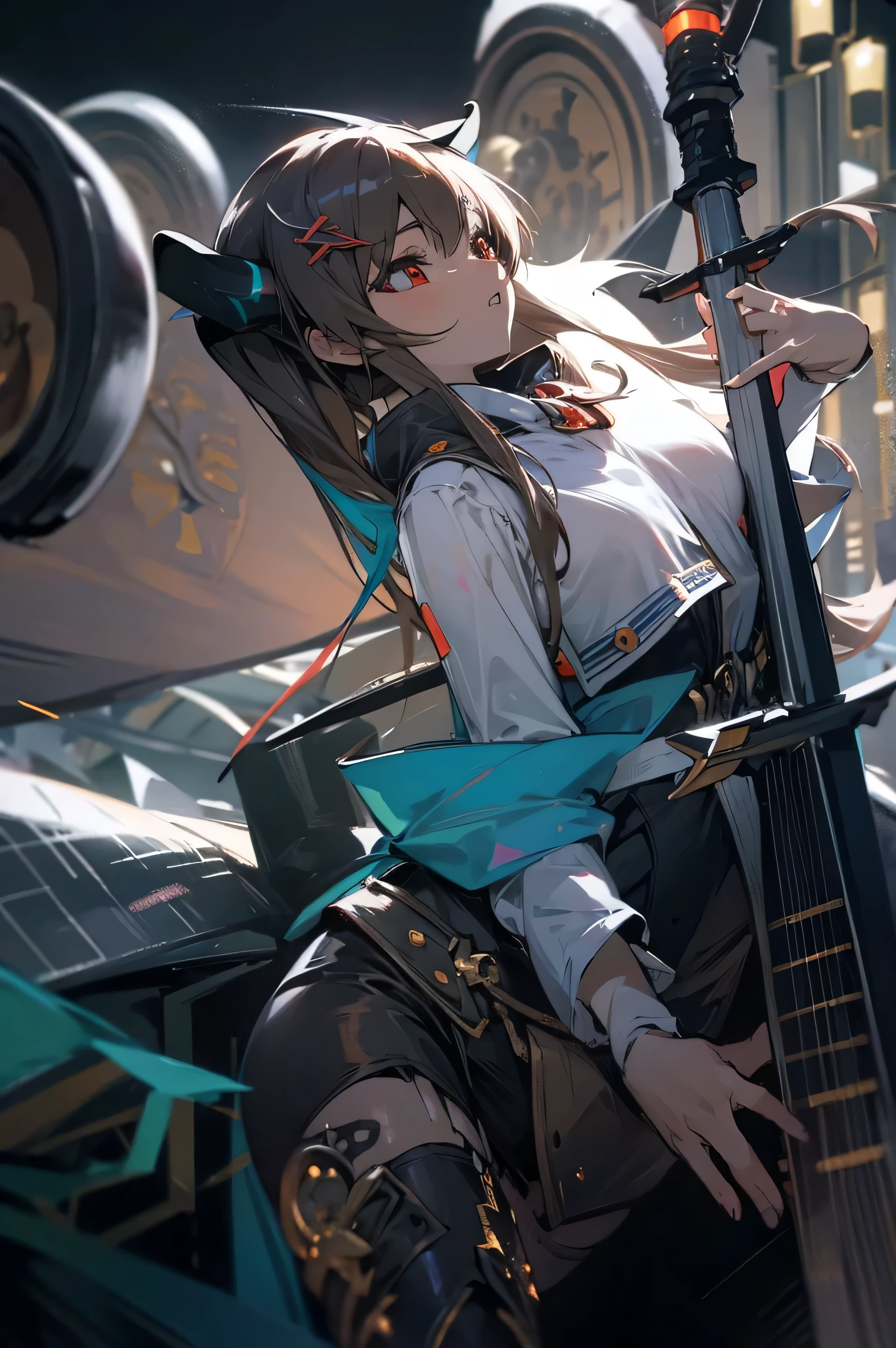 (hyper extreme detailed),(masterpeace),(hyper extreme),(photorealistic),CG,(colour:1.2), beautiful lighting,light from the front,rating:safe,solo, haruna,four horns,brown_hair,twintails,long_hair,red eyes,hair_ornament,zettai_ryouiki,thigh_boots,short_dress,wide_sleeves,black pants,
