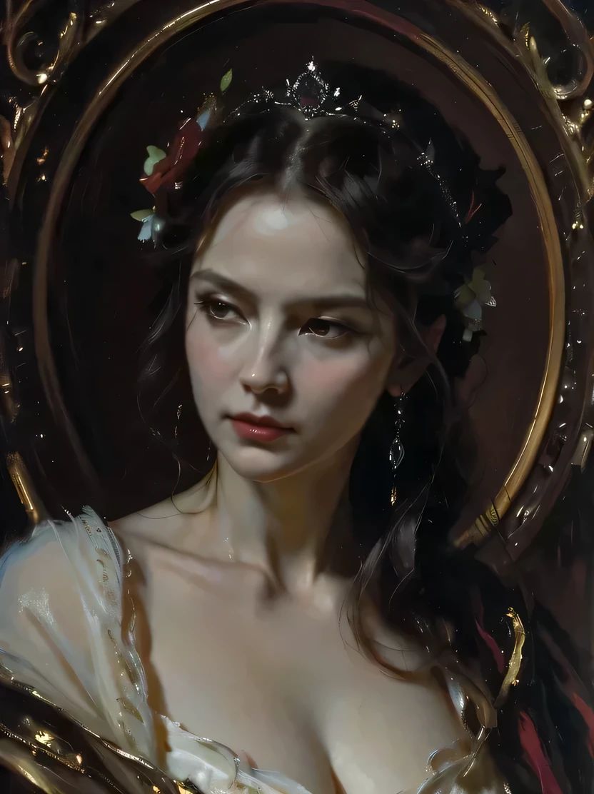 ((masterpiece、highest quality、Very detailed、High resolution、Sharp focus、Cinema Lighting))、(1 female、Bust Shot、Face Light))、Adult woman in her 40s、A stunning portrait of an exiled queen、Persephone, Queen of the Dead、Lilith、Captivating woman、There is elegance、Jewelry and Accessories、The cruel queen of the night、Black tone、Mysterious horror、Gothic、darkness、none、Black Ghost、Immortal Soul、Strict atmosphere、Solemn atmosphere、Oil painting、((View your viewers))、masterpiece