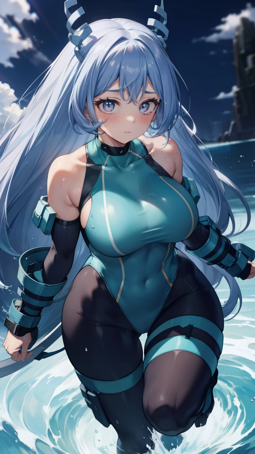 Wave Twist、Light blue hair、tights、hero costume、Beauty、My whole body is wet 、Huge 、Voluptuous body、Superior Quality, Her cheeks flushed, sweating , Ultra-high resolution, Maximum resolution, Very detailed, Beautiful Skin,