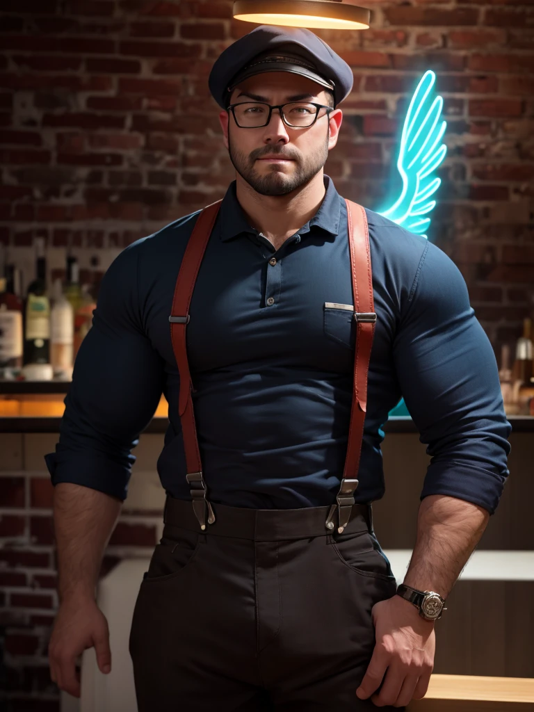 (40 years old daddy:1.1), 1boy, Solo, round face, beefy body, (big shoulders), big pecs, big pectorals, stubbles, Short beard, Beautiful eyes:1.3, (Detailed face:1.3), wearing glasses, Dynamic Angle, volumetric lighting, (Best quality, A high resolution, Photorealistic), Cinematic lighting, Masterpiece, RAW photo, stock photo, Intricate details, hdr, depth of field, man with a hat and suspenders standing in front of a neon angel, wearing angel halo, tron angel, angel halo, angelic halo, male with halo, wings made of light, aura jared and wires, glowing halo above his head, wearing angel, glowing angelic being, the angel of death with a halo, angelheaded hipsters, an angel standing still, full body, in the bar, brick wall neon light, flat cap beret,