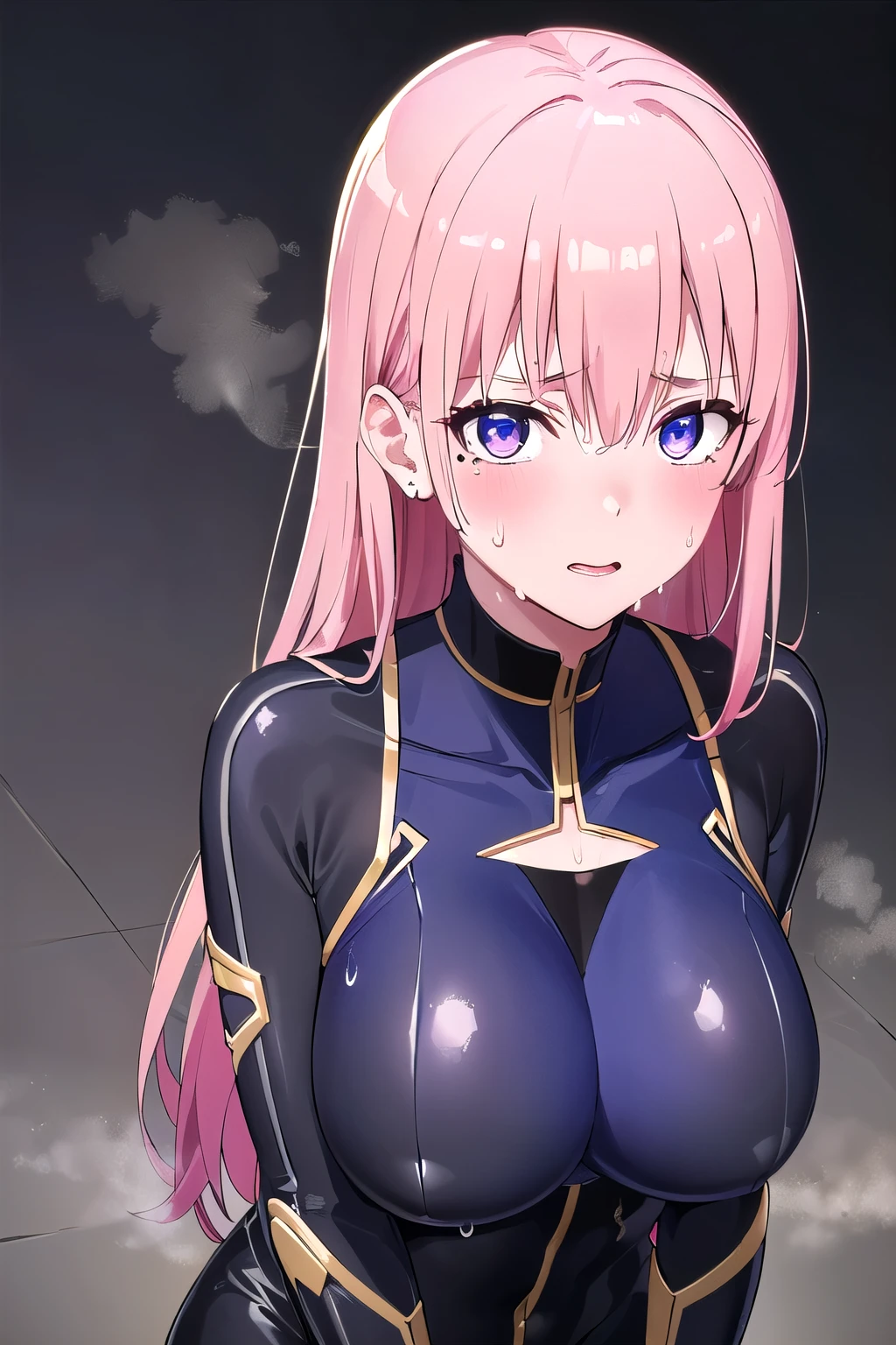  (8K, top-quality, masterpiece:1,2), (reallistic, Photorealsitic:1.37), Super Detail, One girl,), (Highly detailed), (beautifully detailed eyes), (of the highest quality), (super detailed ), (masterpiece), (Detailed face),20yr old, ,1 girl, ((pink hair,long hair)), , clothed, Perfect Lighting, BREAK, (mysterious :1.5), (dark queen:1.3), (glossy black:1.3), (burgundy tears:1.2), (high-neck:1.2), (cutout sleeves:1.1), (gold trim:1.2), (high-leg cutouts:1.3), (shiny leather:1.2), (gold ankle chains:1.2), (strappy heels:1.2), (gold choker:1.1), (statement bangles:1.1), BRAKE, (high quality:1.5), (upper body and knees:1.2), (pink long hair:1.2), (mysterious expression:1.2), (enticing smile:1.1), (facing forward:1.1), (seductive pose:1.3), (dark background:1.2), (royal blue:1.1), (purple hues:1.1), (low lighting:1.2), (contrasting shadows:1.2), BRAKE  (sweat:1.5), (steam:1.2), (girl trembling with :1.1), (looking at viewer:1.3),
