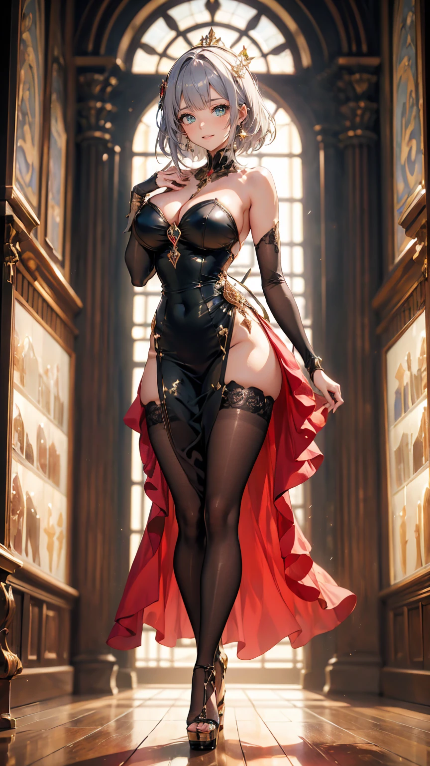 ((masterpiece, high resolution, best quality, best details, anime)), jewelry, beautiful sexy woman in a black sexy evening dress, ((sexy evening dress)), ((black pantyhose)), ((green eyes)), silver hair, short hair, smooth skin, cleavage, ((extremely slutty)), ((full body)), ((platform high heels)), (pumps), noelle gi,noelledef, curvy body, (medieval setting, medieval europe, medieval castle), smile, shoulders exposed, breakdomain, anime