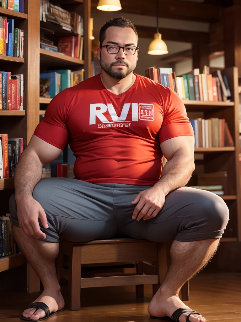 (40 years old daddy:1.1), 1boy, Solo, round face, beefy body, (big shoulders), big pecs, big pectorals, stubbles, Short beard, Beautiful eyes:1.3, (Detailed face:1.3), wearing glasses, Dynamic Angle, volumetric lighting, (Best quality, A high resolution, Photorealistic), Cinematic lighting, Masterpiece, RAW photo, stock photo, Intricate details, hdr, depth of field, there is a man sitting on a wooden floor in a store, the floor look like a bridge, books cave, wonderful masterpiece, interesting shot, tourist photo, shot on canon eos r 5, shot on canon eos r5, by Ni Yuanlu, dao trong le, discovered photo, facing the camera, duy beni serial, quy ho, bookshops, gary, in the background, man wearing orange shirt and red t-shirt inside, gray pants with sandals, full body, scenery shot,
