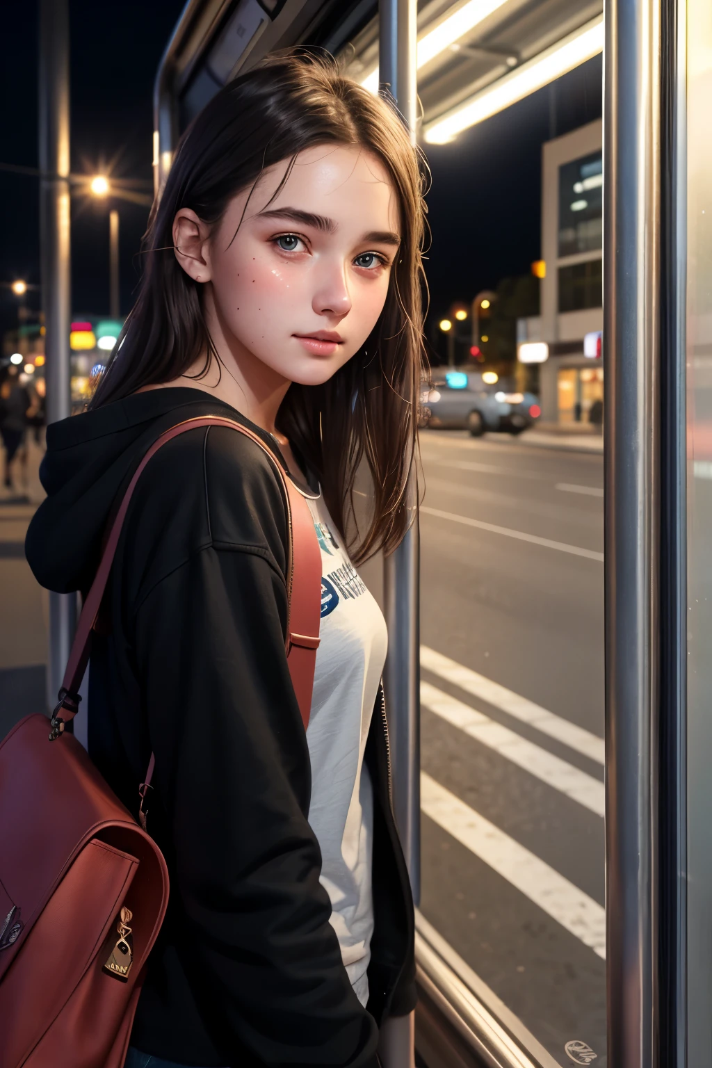 Australian needy girl, (18 years old), in the bus stop, night, looking from front, blushing expression, (face and skin details), (masterpiece, best quality, highly detailed, hyper realistic)