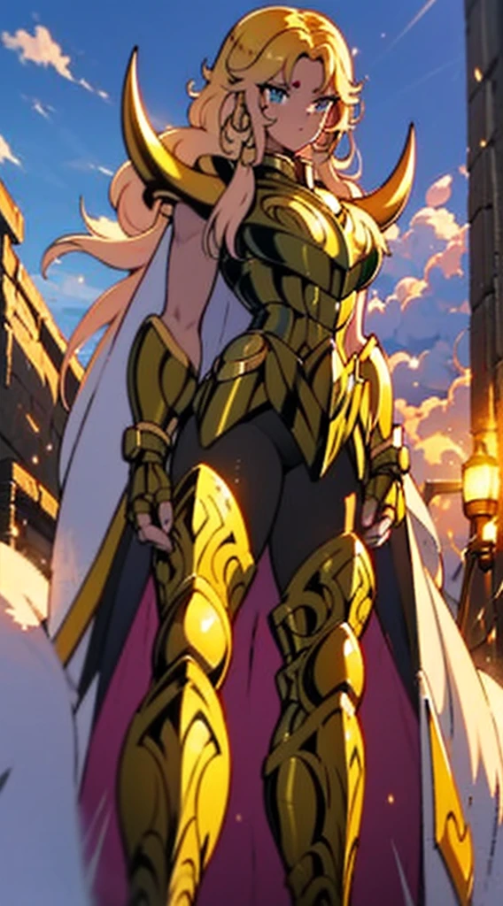 Create a high-quality image of a woman wearing full-body golden armor. She is depicted in a majestic pose, proudly standing amidst a grandiose backdrop. Her armor gleams with the brightness of gold, reflecting the sunlight streaming through the clouds. Her hair cascades over her shoulders, framing her determined and confident face. In her hands, she holds a sword or shield, ready to defend her cause with bravery. In the background, an epic landscape of towering mountains and a vast, infinite sky. This woman is a vision of power and nobility, a fearless leader ready to face any challenge that comes her way.