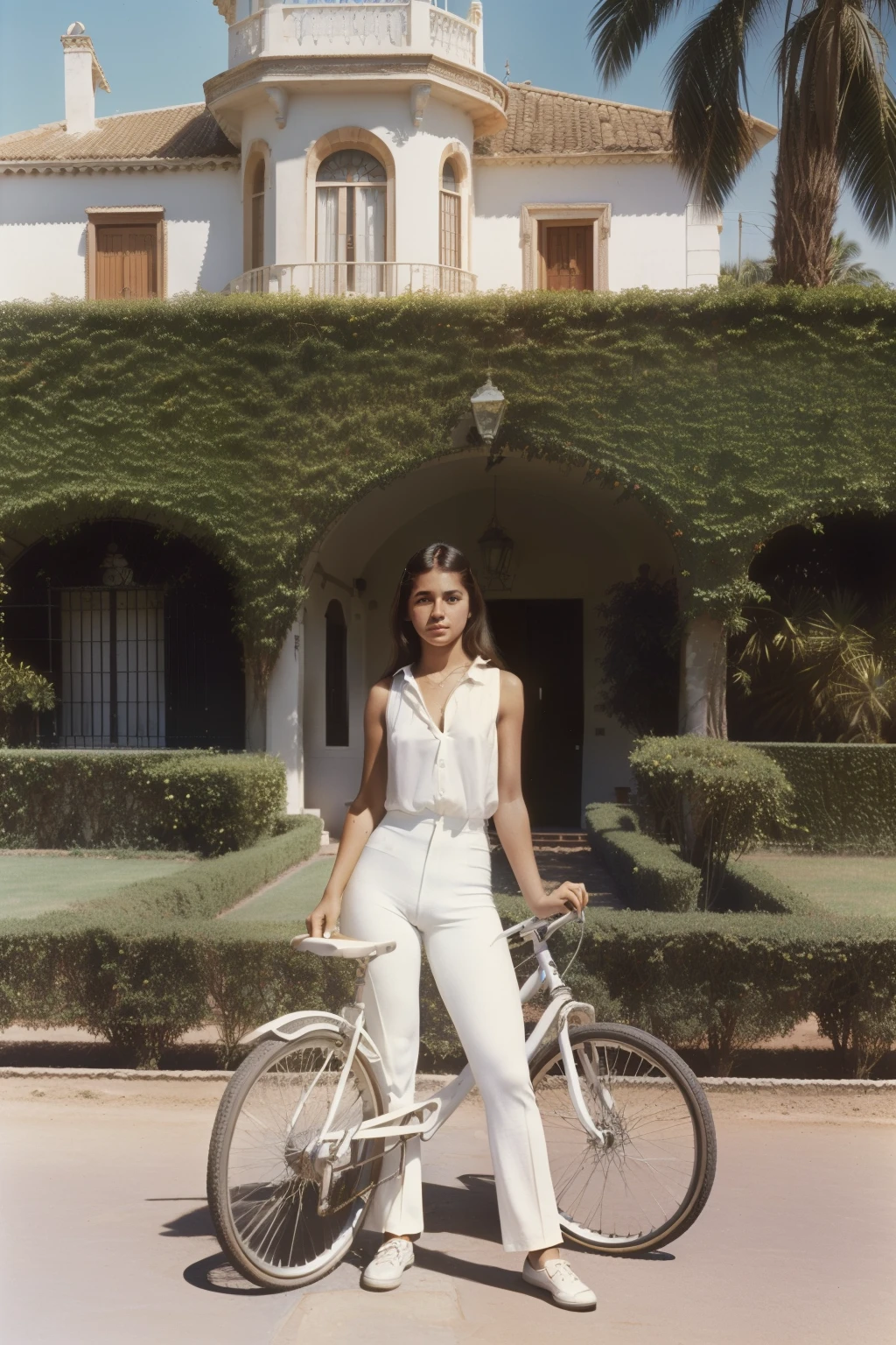 Tharsis, Spain, 1979. A young ((((17-year-old)) Carmela Estévez)), with a bike, in front of a victorian english mansion, black fence, palm trees, ((((clothings from the 1970s, white sleeveless shirt)))), ((hairstyle of the 1970s)), colorful