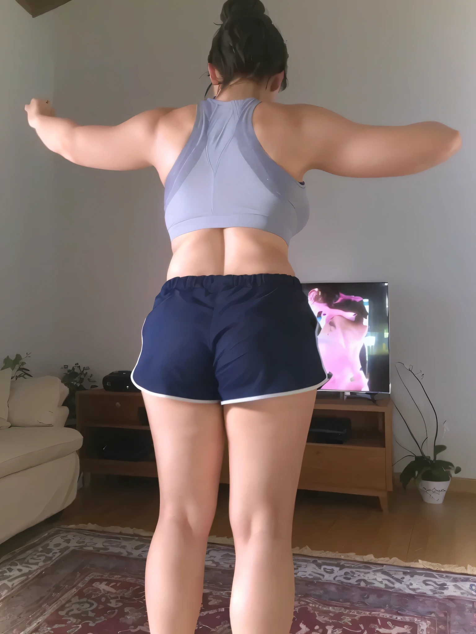 A beautiful light brunette woman, raising her hands, in a gray top and very short dark blue sports shorts, standing in a living room, in shorts, general shot of the back, seen from the back, view from the back, grayish sports bra and blue shorts dark, back view, long shot of back, very short pants, back views, back photo, back views, back, rear view, photo taken from the back, with tanned body, toned body, athletic body, (( ((legs)))); sexy pose, extremely sexy, very sensual, shapely legs. She is about 36 years old, 1.62 tall, 60 kg, best quality, perfect face, perfect mouth, perfect hands, is standing, (full body) wearing a tank top (((grayish top))), blue shorts tight dark blue shorts (((dark blue shorts))), short blue shorts for gym training, well defined, her slightly plump and red lips look like a delicate flower. Slim body, slim waist. Her body exudes glamor and her face is the definition of beauty. Highly realistic, reddish skin, feeling of lightness and joy, hyper-realism, very elaborate skin. Sharp photo, high quality, high resolution (ultra quality masterpiece), Ultra HD, high contrast, 16K. Masterpiece: 1.3, high resolution, (photographically realistic), 8k, NUDE, NUDITY, NFSW.