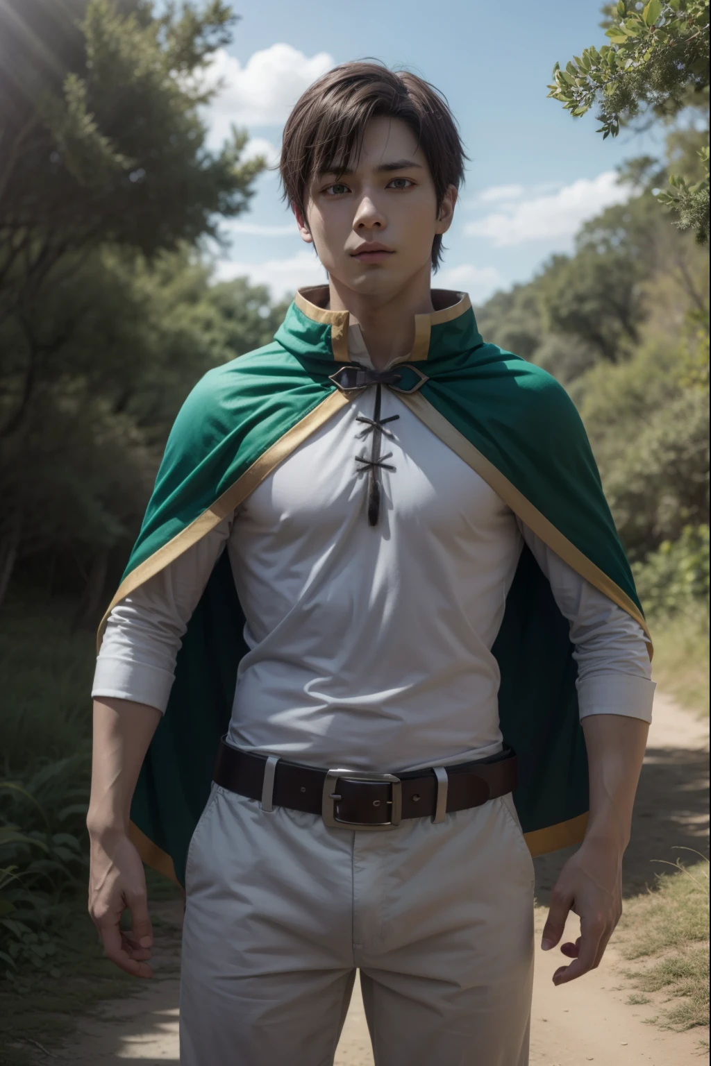 kazumasatou, kazuma satou, cabello corto, By the chestnut, (ojos verdes:1.3), enfoque masculino,
ROMPER shirt, mangas largas, Camisa blanca, belt, pantalones, capelet, brown belt,
ROMPER outdoor, bosque, naturaleza, trees, aldea, cielo, sol, nubes,
ROMPER looking at viewer, (tiro de vaquero:1.5),
ROMPER (Obra maestra:1.2), mejor calidad, high resolution, fondo de pantalla de unidad 8k, (illustration:0.8), (hermosos ojos detallados:1.6), cara extremadamente detallada, Perfect lighting, CG extremadamente detallado, (manos perfectas, perfect anatomy),