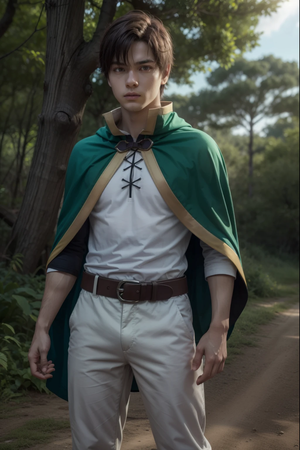 kazumasatou, kazuma satou, cabello corto, By the chestnut, (ojos verdes:1.3), enfoque masculino,
ROMPER shirt, mangas largas, Camisa blanca, belt, pantalones, capelet, brown belt,
ROMPER outdoor, bosque, naturaleza, trees, aldea, cielo, sol, nubes,
ROMPER looking at viewer, (tiro de vaquero:1.5),
ROMPER (Obra maestra:1.2), mejor calidad, high resolution, fondo de pantalla de unidad 8k, (illustration:0.8), (hermosos ojos detallados:1.6), cara extremadamente detallada, Perfect lighting, CG extremadamente detallado, (manos perfectas, perfect anatomy),