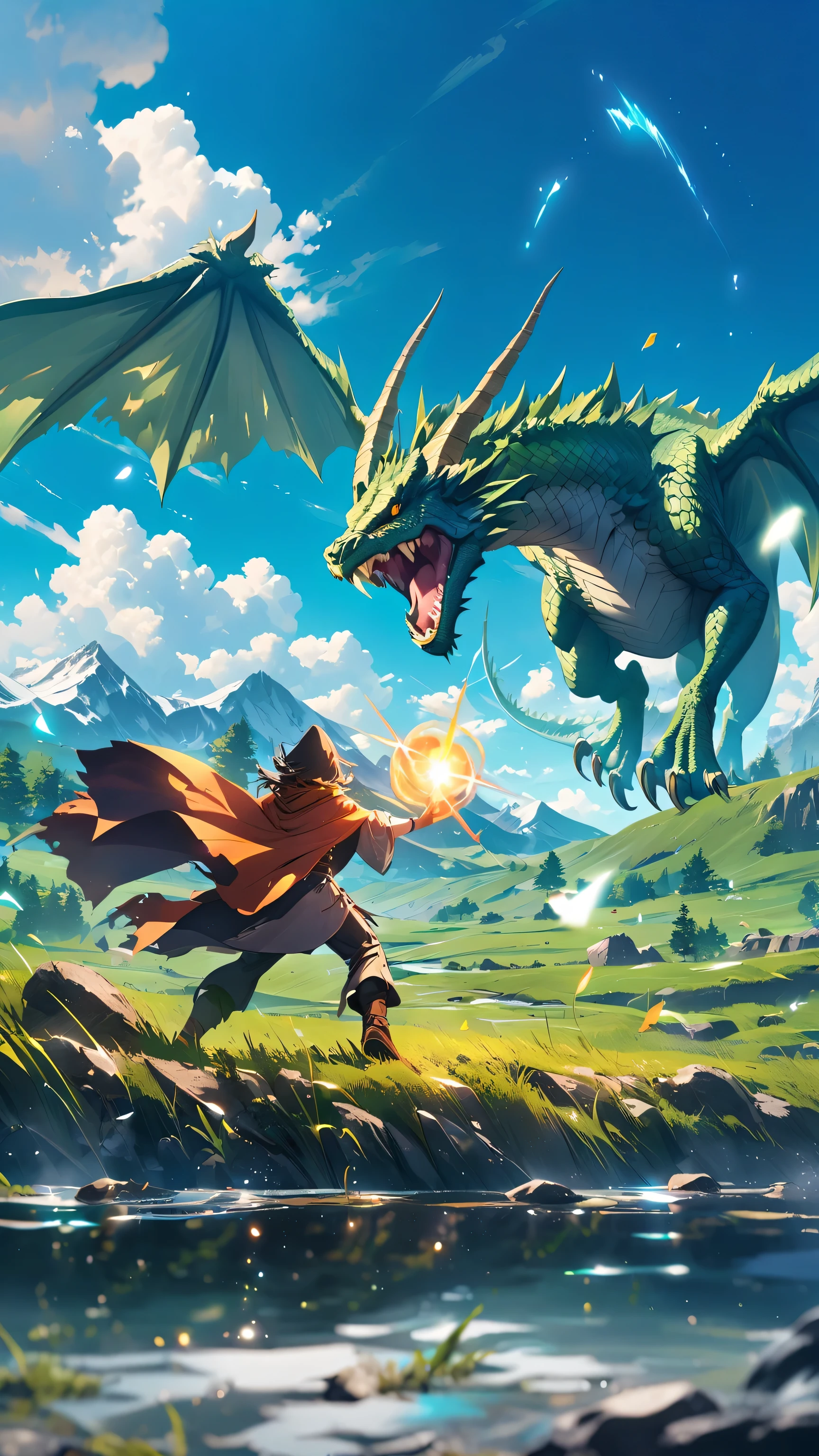An adolescent wizard, clad in tattered robes, fiercely casting spells at a colossal dragon amidst a grassy battlefield with rolling valleys and majestic mountains looming in the background. Dynamic action, epic showdown, intense lighting, cinematic angle, vibrant colors.