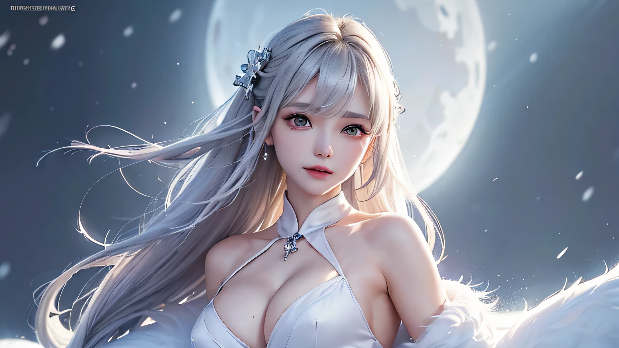 (breast enhancement:1.5)((masterpiece:1.5、8k、Portrait、Photorealistic and very detailed CG、Very detailed、Particle Effects、Dynamic Effects、Written boundary depth、Cinematic Light、Lens flare、Ray Tracing、Tabletop、Realistic:1.4、超A high resolution:1.2、Realistic、Realistic))((alone、A woman wearing a white fur long coat over a halter neck dress:1.4、Elegant woman posing:、Detailed face、Bright expression、Younger, brighter, whiter skin、Great cleavage,small breasts:1.4、Best Looks、The ultimate beauty、Silver hair with dazzling highlights、Shiny bright hair,、Super long, silky hairstyle、hair dancing in the wind))(morning、The setting is a snowy hill overlooking ruins.)