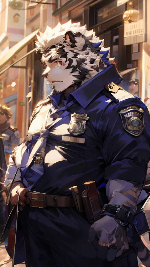 masterpiece,Anthropomorphic white tiger,Fluffy, Furry body,Men,26 years old,thick eyebrows,White hair,Strong body,pectoralis major,Black tight police uniform,Exposing chest muscles,Tendon bulge,on the street,patrol,Serious expression,Golden pupils,Looking at the audience, Clear facial features, Strong,Solitary,Front view,,Full body image,high quality, high resolution,8k