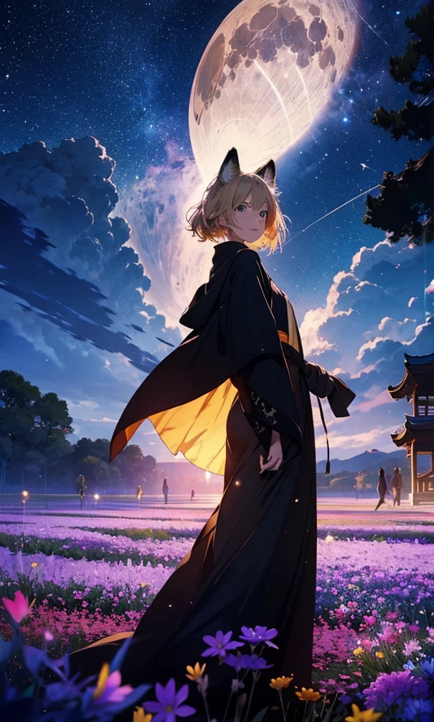 1people々々々々々々々々々々々々々々々々々,Woman with medium length blonde hair,Fox Ears,Long coat,Takageta, Dress Silhouette, Rear View,Space Sky, Flower Field,Colorful flowers,Dancing Petals,full moon,shrine,