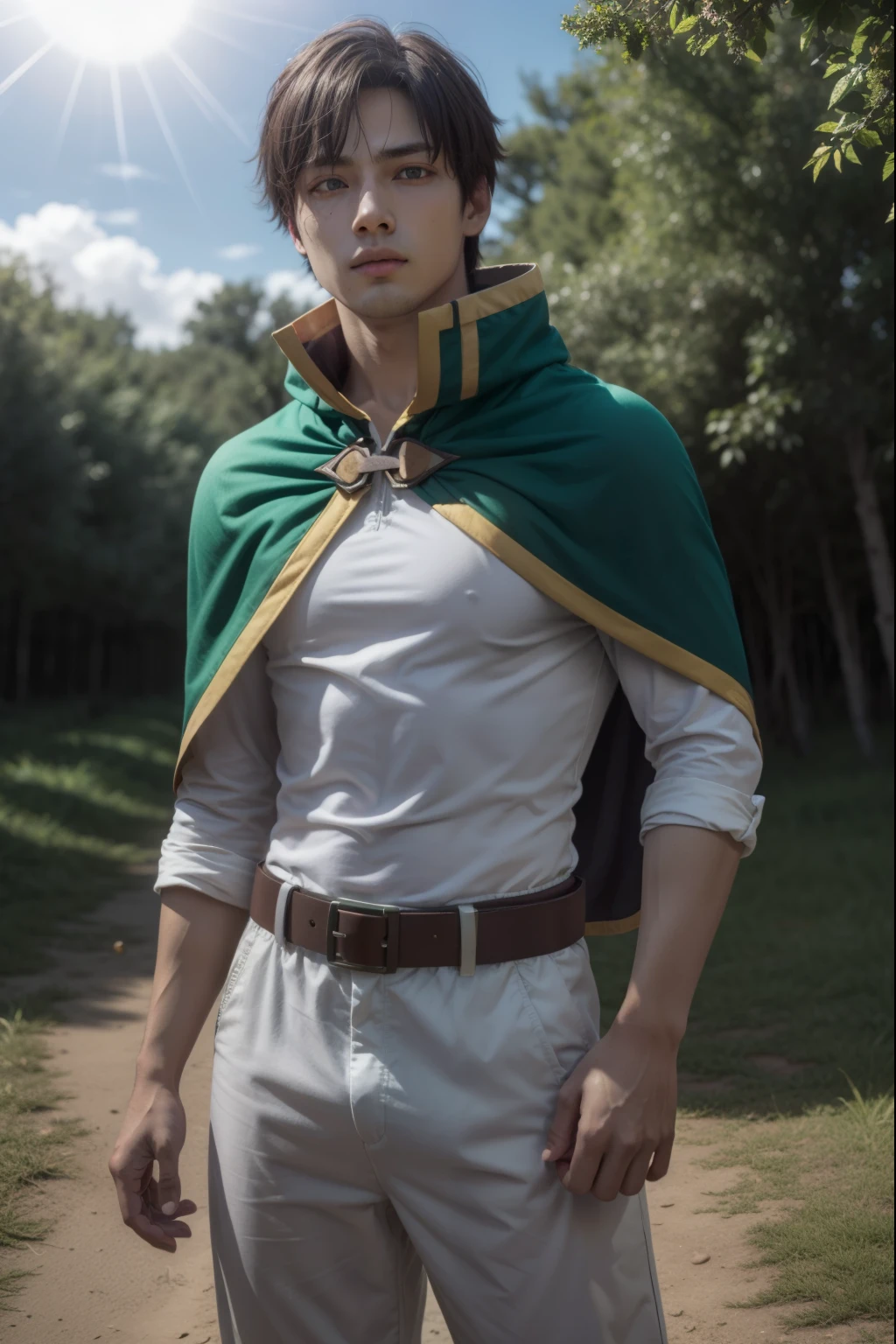 kazumasatou, kazuma satou, cabello corto, By the chestnut, (ojos verdes:1.3), enfoque masculino,
ROMPER shirt, mangas largas, Camisa blanca, belt, pantalones, capelet, brown belt,
ROMPER outdoor, bosque, naturaleza, trees, aldea, cielo, sol, nubes,
ROMPER looking at viewer, (tiro de vaquero:1.5),
ROMPER (Obra maestra:1.2), mejor calidad, high resolution, fondo de pantalla de unidad 8k, (illustration:0.8), (hermosos ojos detallados:1.6), cara extremadamente detallada, Perfect lighting, CG extremadamente detallado, (manos perfectas, perfect anatomy),