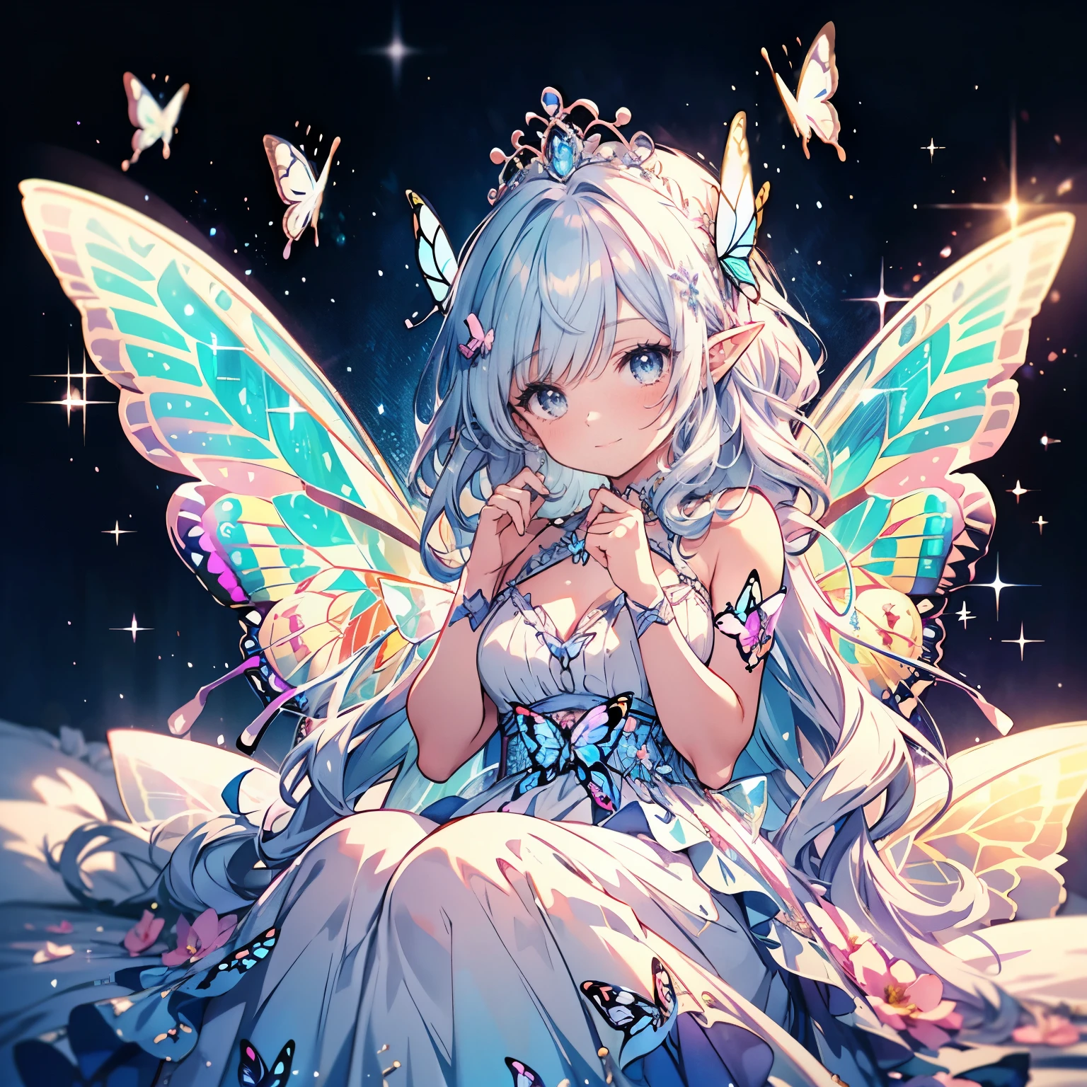 (highest quality, Very detailed, beautiful, Exquisite, 16k, Full HD), Look down,(Sleep on your back:1.5,Looks sleepy,On the bed),(looks happy,smile,smile),((soft, Sparkly layered dress)),A large and beautiful dress inspired by rose flowers, Hanabubuki,The screen is surrounded by flowers,(Frills,Decorated with rhinestones,Ball Gown Dress),(Art Station, Fantasy art:1.2), pastel colour,((Beautiful fairy wings like butterfly:1.5)),(Gradient Hair, Light blue hair, Wavy Hair,fluffy hair),(tiara,anklet),(Lavender eyes, Long eyelashes, Fuller lips,beautiful purple eyes,Cheeks are pale pink,Pointy Ears,Big Breasts,fluffy),Dazzling Light, Warm lighting,Bright light,Romantic light