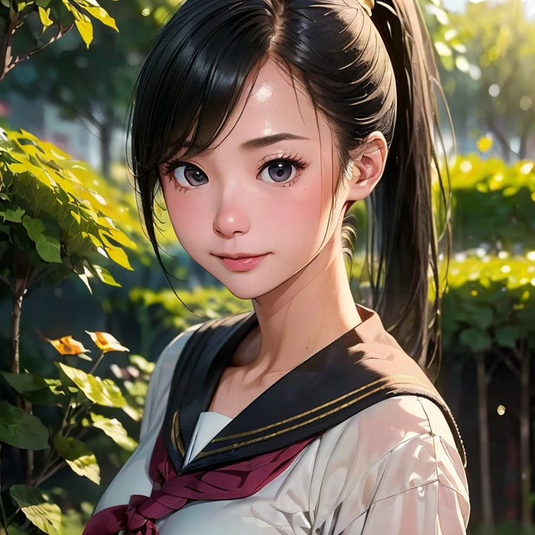 (kawaii 24 year-old Japanese girl, Nogizaka idol, Korean idol), (glossy black hair, high ponytail, bangs:1.3), (deep black eyes, rounded face, single eyelid, no makeup, soft smiling:1.2), (wearing Japanese highschool uniforms, sailor suits, serafuku:1.3), (extra small breasts:0.9), (looking at camera:1.2), BREAK, (at a garden in the school , summer daytime:1.3), (dynamic angle, bust shot:1.3), BREAK, (masterpiece, best quality, photo realistic, official art:1.4), (UHD, 8K quality wallpaper, high resolution, raw photo, golden ratio:1.3), (shiny skin), professional lighting, physically based rendering, award winning, (highly detailed skin, extremely detailed face and eyes), Carl Zeiss 85 mm F/1.4, depth of field, 1girl, solo,