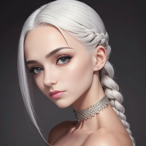 uma imagem de uma mulher jovem com cabelos platinados. Concentre-se principalmente no rosto, capturando cada detalhe delicado. Make sure that her face is perfectly symmetrical and that her skin is flawless, without any visible imperfections. Os cabelos platinados, com dredlocks, They should shine with a healthy, dazzling look. A imagem deve ser um retrato de busto, with the model looking directly at the camera, Conveying confidence and beauty. Por favor, Pay attention to the smallest details, ensuring that this image is a visual representation of perfection."
