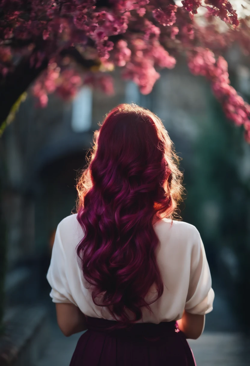 Girl from behind with wavy plum-colored hair