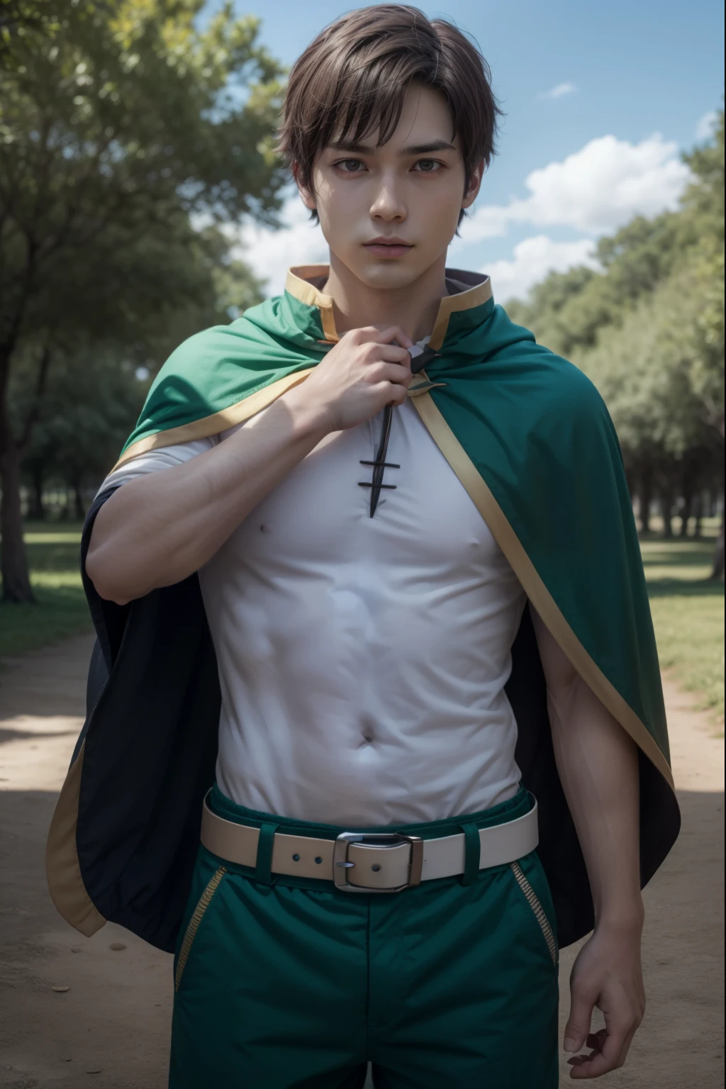 kazumasatou, kazuma satou, cabello corto, By the chestnut, (ojos verdes:1.3), enfoque masculino,
ROMPER shirt, mangas largas, Camisa blanca, belt, pantalones, capelet, brown belt,
ROMPER outdoor, bosque, naturaleza, trees, aldea, cielo, sol, nubes,
ROMPER looking at viewer, (tiro de vaquero:1.5),
ROMPER (Obra maestra:1.2), mejor calidad, high resolution, fondo de pantalla de unidad 8k, (illustration:0.8), (hermosos ojos detallados:1.6), cara extremadamente detallada, Perfect lighting, CG extremadamente detallado, (manos perfectas, perfect anatomy),