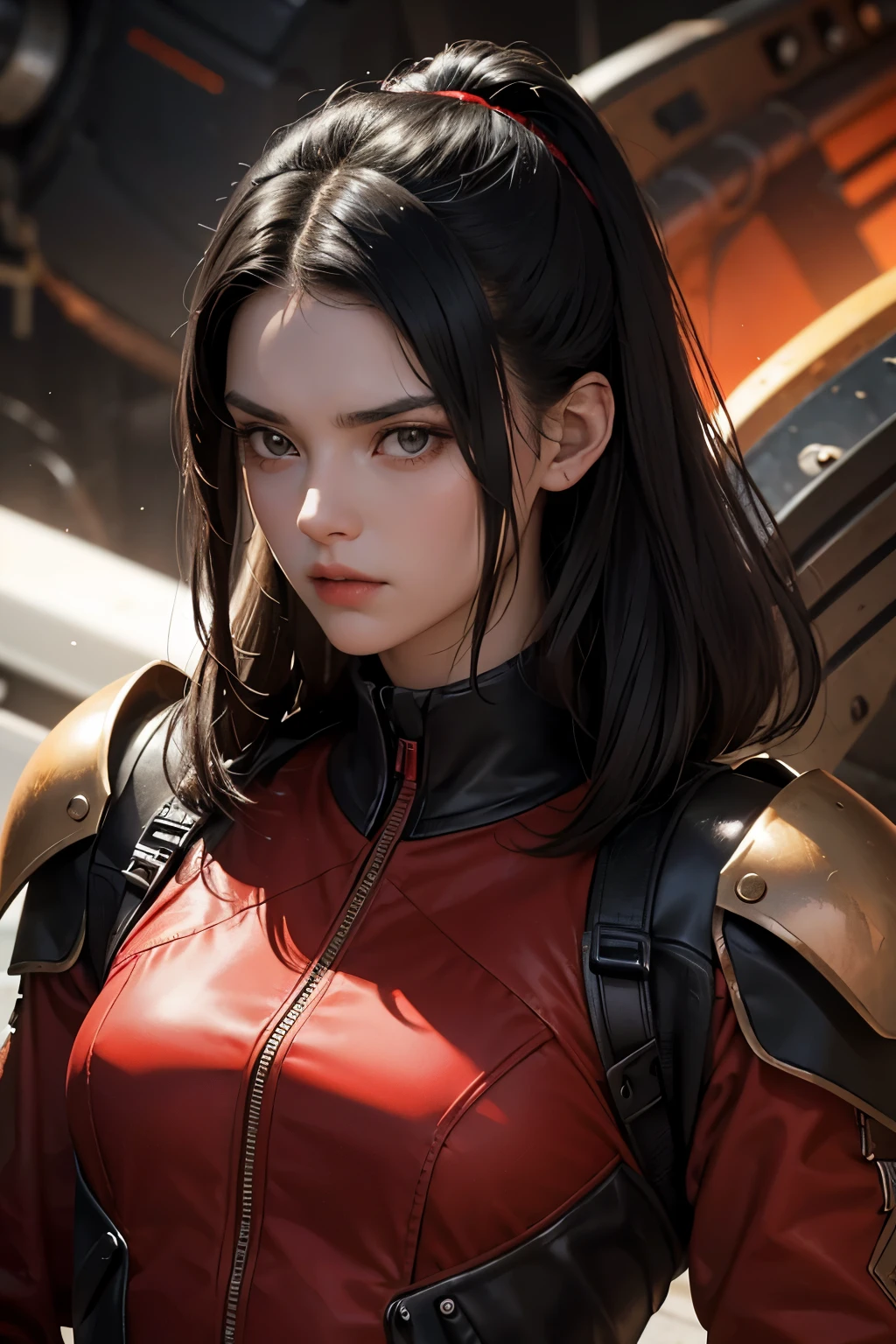 Upper body close-up image. A beautiful woman. Twenty years old. Black hair. She wears a red metallic battle uniform. She is looking at the camera with a tense expression on her face. She holds a small ray gun in one hand. She is standing in a wasteland reminiscent of Mars.