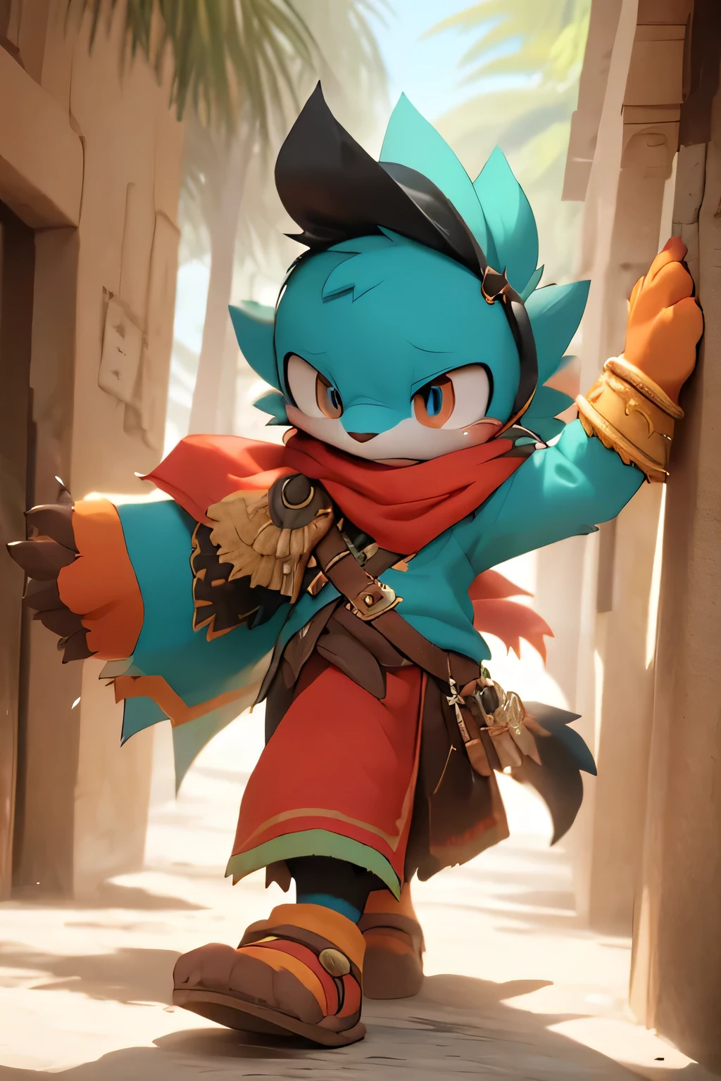 fantasy art shadow, 8K, HD, masterpiece,The King of Sorrow's physical appearance is reminiscent of Klonoa's original design. He is mostly unclothed and wears a collar with two scarf-like threads coming down past his feet. He also wears orange bangle-like objects on his wrists and ankles. His eyes are tinted red, possibly from weeping. His fur is teal and white on the inside of his ears and center of his chest. In addition, the palms of his hands and the soles of his feet are both white in color, and his feet noticeably resemble shoes to some extent,furry,anthro
