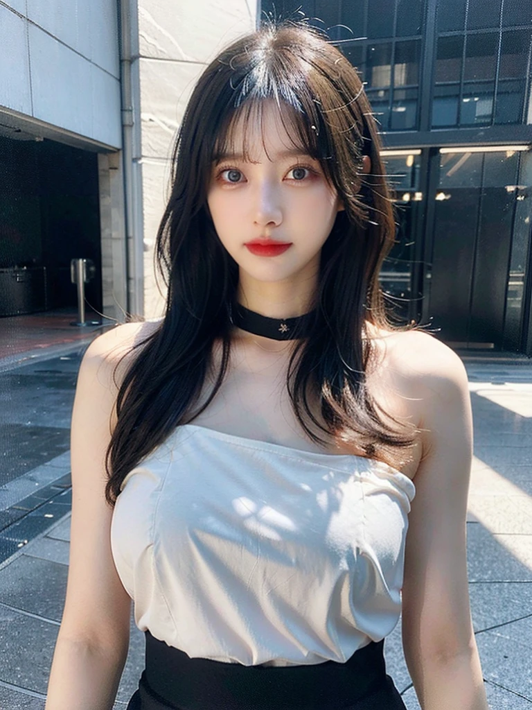 (Realistic, photoRealistic), (Delicate eyes and face), detail hair, highest quality, Ultra-high resolution, (Realistic:1.4), One girl, nude, Black tight skirt, Black Choker, (Faded grey hair:1), (Huge breasts:1.4), View your viewers, close ,