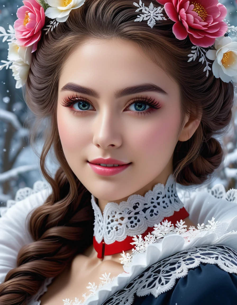 ultra high quality image, close-up, stunningly beautiful girl, long fluffy eyelashes, modern rococo style, with impressionistic softness, snow-white smile, bright colors, ambient lighting, clothes decorated with intricate lace and flowers reminiscent of the era, the scene exudes the highest quality , mutual love, 8k HDR Dolby Vision, digital art, ultra HD, realistic, vibrant colors, high detail, perfect composition, beautiful detailed intricate insanely detailed octane rendering, trending on artstation, 8k art photography, photorealistic concept art, soft natural 3D cinematic perfect light. Lots of details, intricate details, brilliant, magical, stunning, a work of art, a masterpiece.