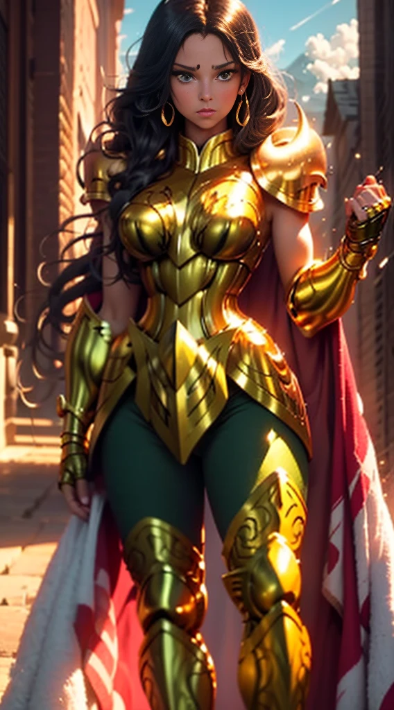 Create a high-quality image of a woman wearing full-body golden armor. She is depicted in a majestic pose, proudly standing amidst a grandiose backdrop. Her armor gleams with the brightness of gold, reflecting the sunlight streaming through the clouds. Her hair cascades over her shoulders, framing her determined and confident face. In her hands, she holds a sword or shield, ready to defend her cause with bravery. In the background, an epic landscape of towering mountains and a vast, infinite sky. This woman is a vision of power and nobility, a fearless leader ready to face any challenge that comes her way.