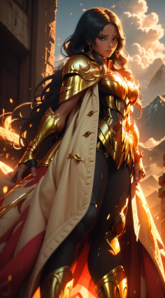 Create a high-quality image of a woman wearing full-body golden armor. She is depicted in a majestic pose, proudly standing amidst a grandiose backdrop. Her armor gleams with the brightness of gold, reflecting the sunlight streaming through the clouds. Her hair cascades over her shoulders, framing her determined and confident face. In her hands, she holds a sword or shield, ready to defend her cause with bravery. In the background, an epic landscape of towering mountains and a vast, infinite sky. This woman is a vision of power and nobility, a fearless leader ready to face any challenge that comes her way.