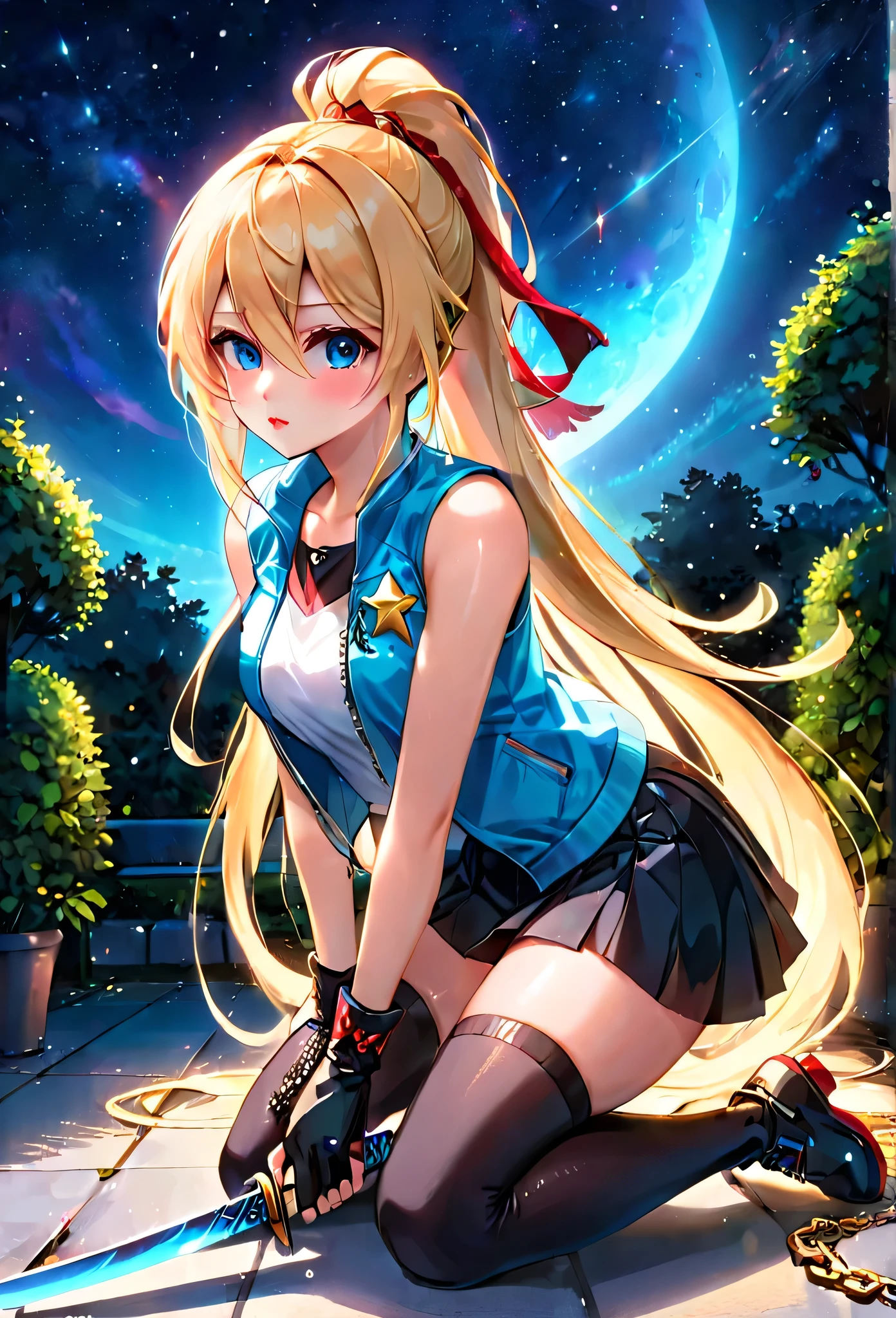 1 girl, ultra long ponytail hair, side bangs hair, straight hair,  gorgeous woman, hair over one eye, detailed make up, Rosalina hair style, blonde, red bangs in the hair, with red fringes, ultra detailed face, sharp eyes, glowing lips, glowing, school girl, glowing lips, glowing blue eyes, kneeling on the floor, sad, tears, cute, long eyelashes, long black boots , looking to the sky, starry sky, holding down a katana, ultra detailed katana, short skirt, fingerless gloves, fitness, confident, white sleeveless blouse, short jacket, lots of adornment, chains adornment, cute woman, dinamic view, garden,