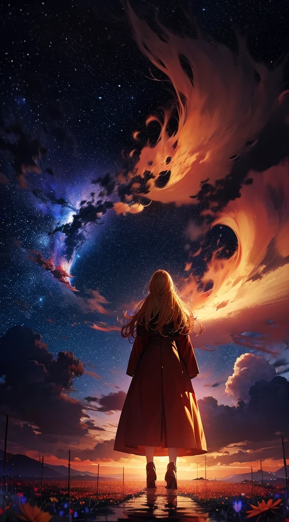 １people々々々々々,Blonde long-haired woman，Red long coat， Dress Silhouette， Rear View，Space Sky, Flower Field，Colorful flowers