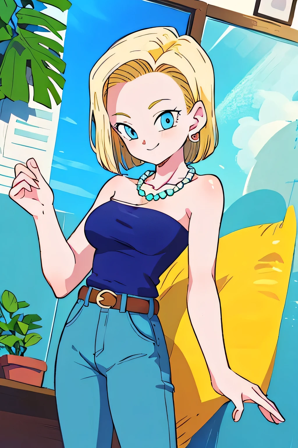 (masterpiece, best quality), 1girl,   android18, blue_eyes, blonde_hair, jewelry, medium_breasts, earrings, belt, blue_pants, strapless_blue_shirt, bare_shoulder, jeans, bead_necklace, seductive_smile