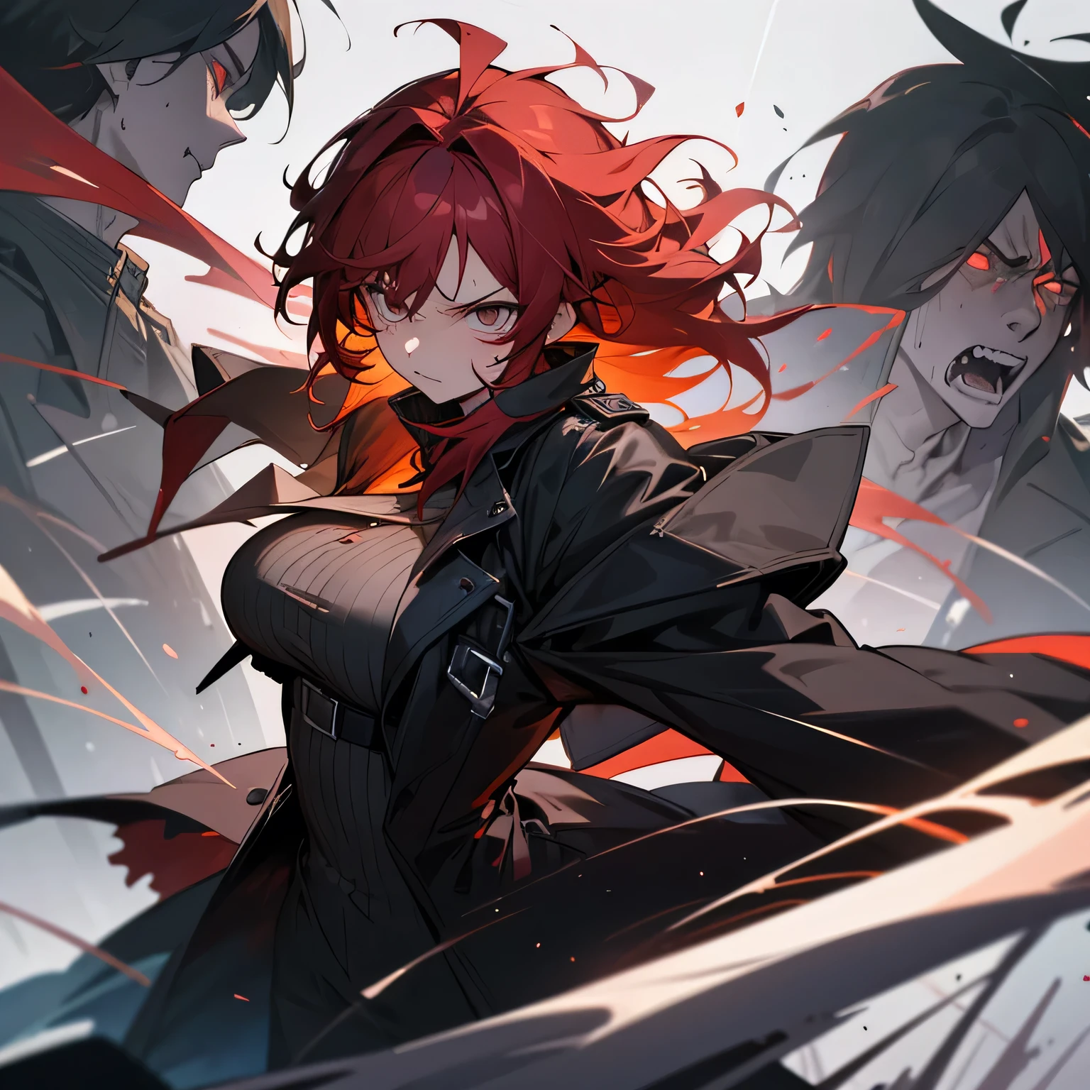 night、Aerial、whole body傷、Bloody、Damaged clothing、Black trench coat、Battle Scene、Redhead、Messy Hair、Big Breasts、woman、whole body、Angry expression