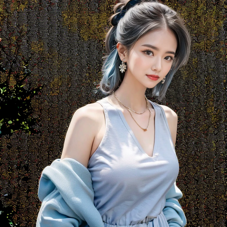 (masterpiece, highest quality, highest quality), (((Perfect body))),Ragged hair,Middle Hair,Chignon Hair,Light blue hair color,Pale black jumpsuit,beautifully,Mysterious:1.2, (One Girl:1.3), Very detailed, Mature Woman,A kind smile,Boston-type glasses, (Mouth closed), (highest qualityのmasterpiece:1.2) Delicate illustrations, Most detailed,Upper body portrait, (Street background:1.3), (Shiny skin), (Many colors:1.4), ,(Earrings),((necklace))), Great trekking shoes:1.3,Walking,