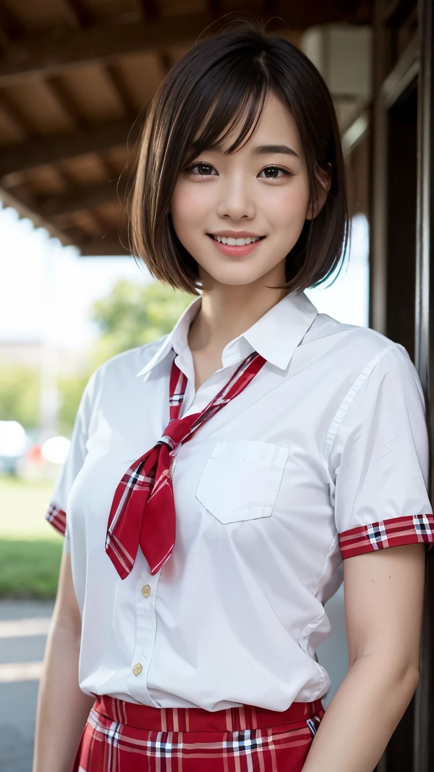 (masterpiece:1.2), Japanese, (18 years old), (((a girl))), hair bun, slender body, (school uniform), collared shirt, short sleeves, bow tie, outdoor, smiling,