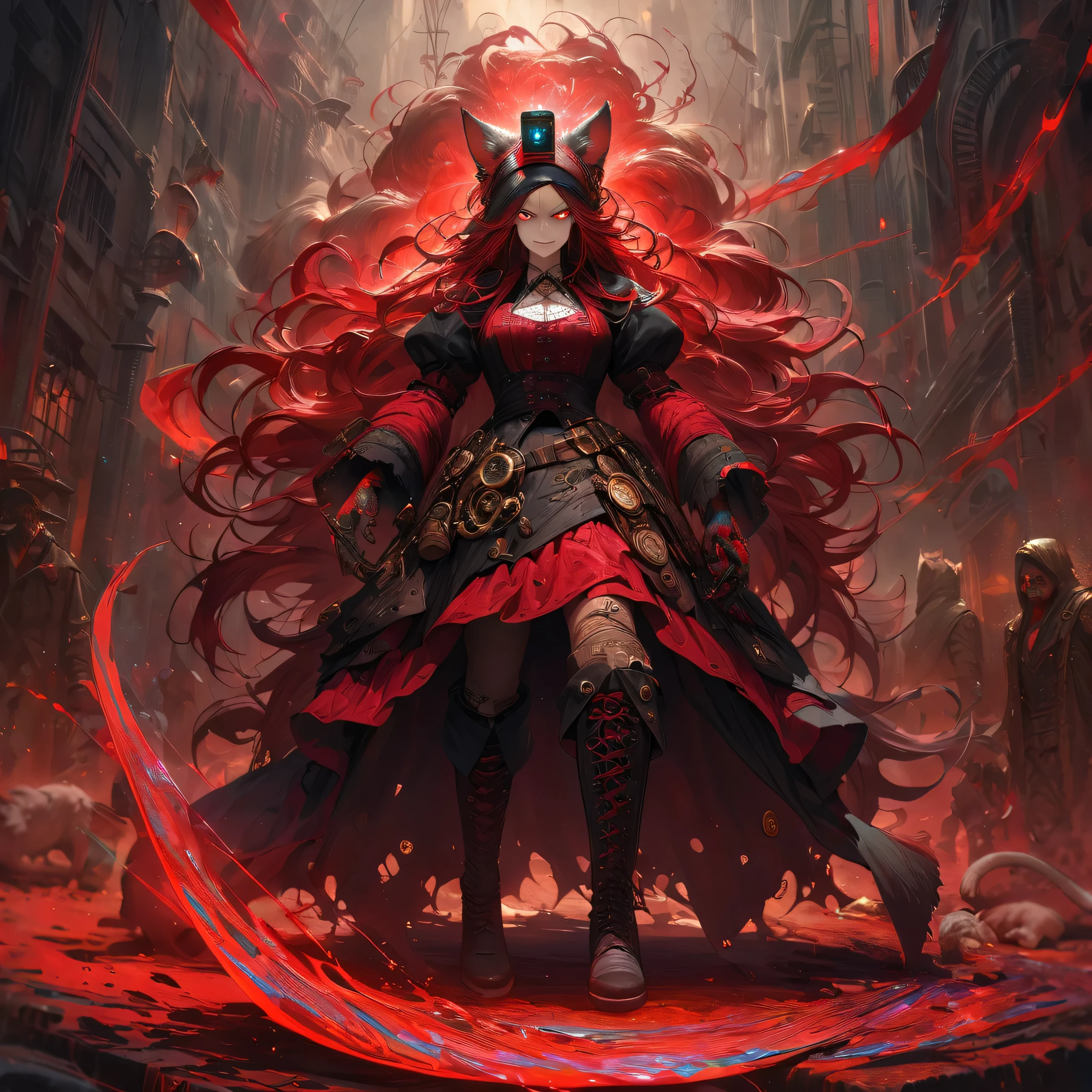 [Best Quality, Shaded, Extreme Detail, Highly Detailed, Ultra Detailed, Intricate, Realistic, Perfect Face, Full Body Portrait], Wolf Woman, Full Fur, Magic Fur, Full Tail, Big Signal, Magic Tail, Long Hair (Hair colorful), hood on the head (leaving the wolf ears), almond-shaped eyes (red color), expressive smile, angry face, demonic clothing (dark color, steampunk style), shoes (high gothic style boots), there is blood on the clothes, the The scene takes place in hell with a sinister and dark atmosphere.
