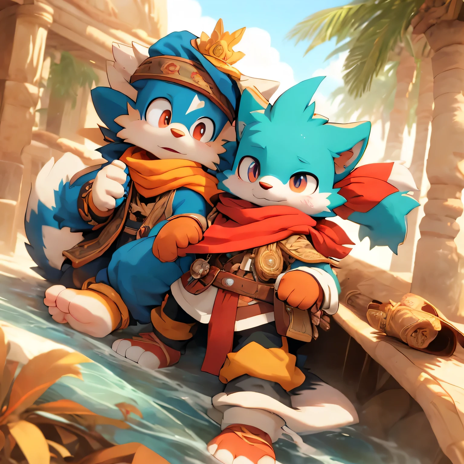 fantasy art shadow, 8K, HD, masterpiece,The King of Sorrow's physical appearance is reminiscent of Klonoa's original design. He is mostly unclothed and wears a collar with two scarf-like threads coming down past his feet. He also wears orange bangle-like objects on his wrists and ankles. His eyes are tinted red, possibly from weeping. His fur is teal and white on the inside of his ears and center of his chest. In addition, the palms of his hands and the soles of his feet are both white in color, and his feet noticeably resemble shoes to some extent,furry,anthro