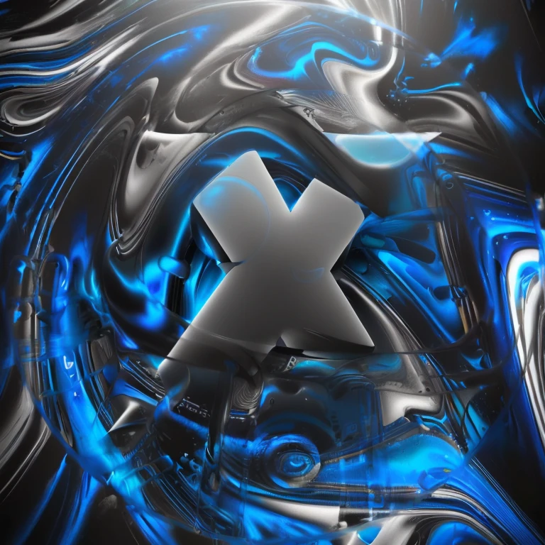 a close up of a computer screen with a Azul and black background, imagem hiperrealista de x, liquid simulation background, 3 d fluid simulation render, xpartículas, arte digital detalhes extremos, Chrome vortex, texturing xyz, misterioso x, Abstract cloth simulation, black fluid simulation, x logo, desenho abstrato. paralaxe. Azul, abstract liquid