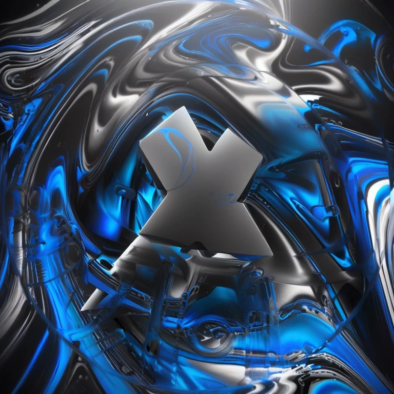 a close up of a computer screen with a Azul and black background, imagem hiperrealista de x, liquid simulation background, 3 d fluid simulation render, xpartículas, arte digital detalhes extremos, Chrome vortex, texturing xyz, misterioso x, Abstract cloth simulation, black fluid simulation, x logo, desenho abstrato. paralaxe. Azul, abstract liquid