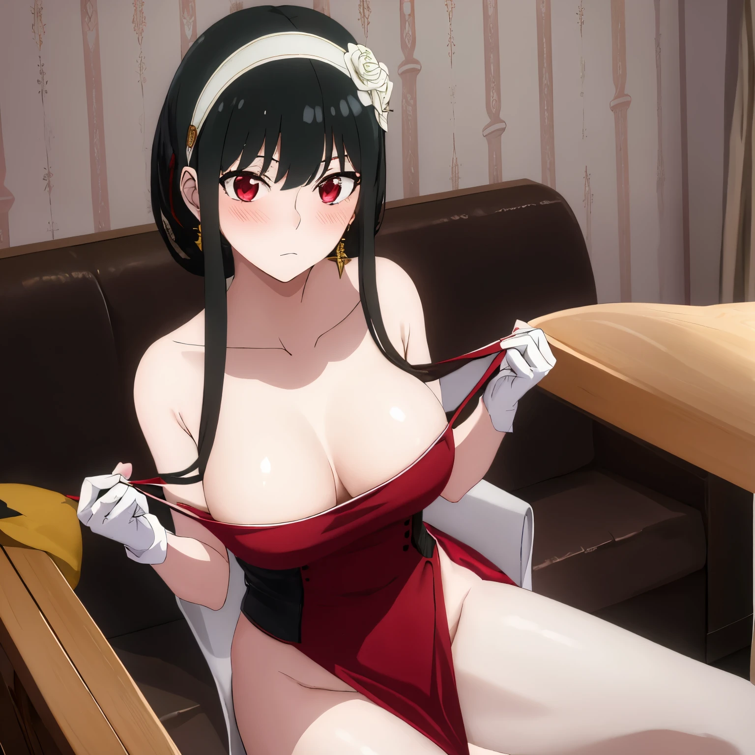 Yor Forger, dress, holding, black dress, black hair, bare feet, bare legs, red eyes, two-sided fabric, hairband, gloves, breasts, hair ornament, flower, two-sided dress, fingerless gloves, black gloves, sidelocks, looking at viewer, hair flower, rose, bare shoulders, standing, long hair, gold hairband, rose print, earrings, sleeveless, short hair with long locks, jewelry, closed mouth, bangs, sleeveless dress, 1girl, surprised, collarbone, off shoulder, white hairband, bare shoulders, indoors, gold earrings, sweat, breasts, Exquisite visuals, high-definition, masterpiece, best quality, high-definition,masterpiece, best quality, 18yo, Young female, Beautiful Fingers, Beautiful long legs, Beautiful body, Beautiful character design, standing, upper body, half body, perfect feet, sitting on couch, legs curled up, blush