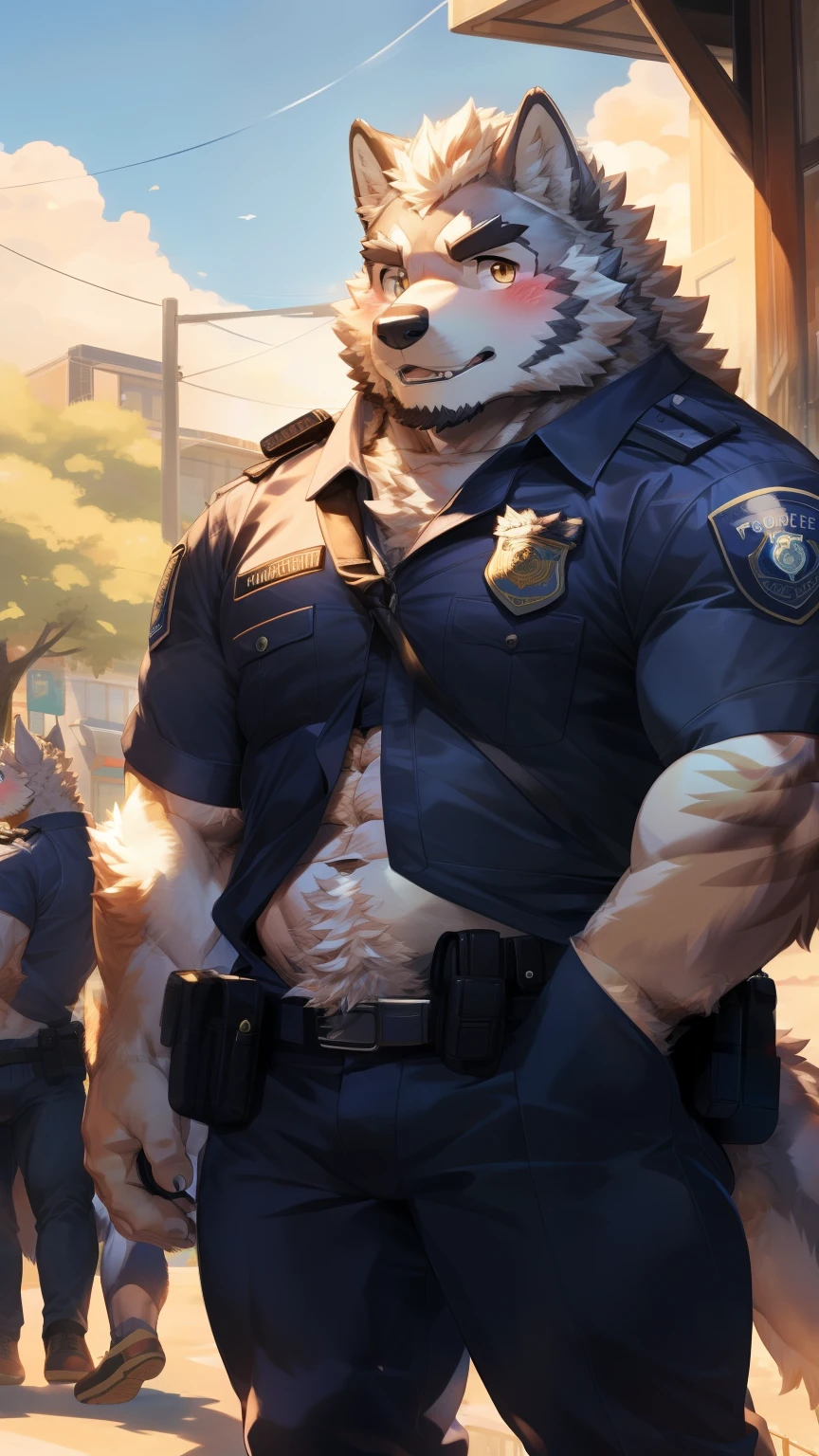 Solitary, anthropology, hairy, hairy male, Wolf, ((Fluffy fur, Fluffy, hairy body)), (Wolf印), (short beard), youth, Gray body, White belly, muscular, White, Big muscles, Golden pupils, Tail, deTailed teeth, deTailed face, Fundos,((Open it) Black tight police uniform), Black leggings, Hold a walkie-talkie, 很Shy站在Street Corner, deTailed Fluffy fur, deTailed face, Street Corner, Look at the audience, majestic, barbarous, Shy, Blushing, Strong, plane trees, Front view, (through empty ghost, From wolf26, masterpiece, high quality, high resolution,8k), permanent, Close-up portraits, outdoor, Dynamic poses, 