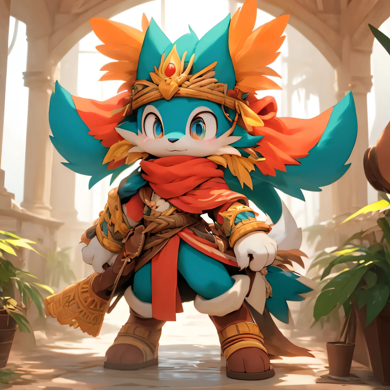 fantasy art shadow, 8K, HD, masterpiece,The King of Sorrow's physical appearance is reminiscent of Klonoa's original design. He is mostly unclothed and wears a collar with two scarf-like threads coming down past his feet. He also wears orange bangle-like objects on his wrists and ankles. His eyes are tinted red, possibly from weeping. His fur is teal and white on the inside of his ears and center of his chest. In addition, the palms of his hands and the soles of his feet are both white in color, and his feet noticeably resemble shoes to some extent,furry,anthro
