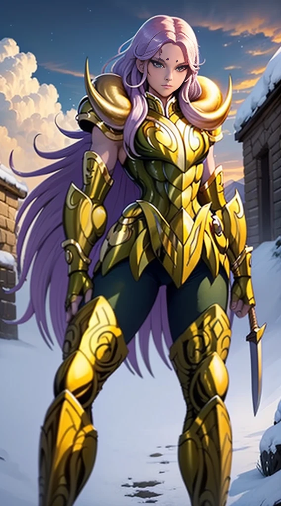 Create a high-quality image of a woman wearing full-body golden armor. She is depicted in a majestic pose, proudly standing amidst a grandiose backdrop. Her armor gleams with the brightness of gold, reflecting the sunlight streaming through the clouds. Her hair cascades over her shoulders, framing her determined and confident face. In her hands, she holds a sword or shield, ready to defend her cause with bravery. In the background, an epic landscape of towering mountains and a vast, infinite sky. This woman is a vision of power and nobility, a fearless leader ready to face any challenge that comes her way.