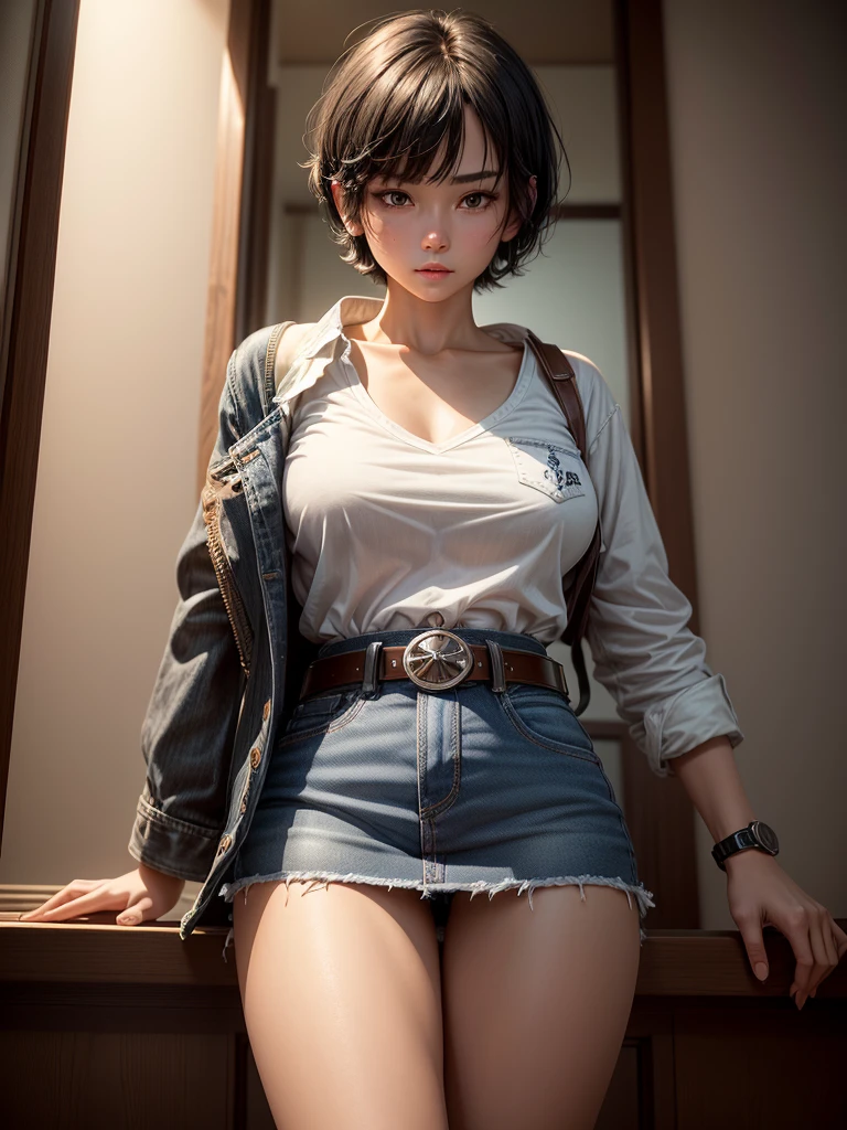 1 girl, alone,Black Short Hair,(watch:1.2),white short shirt,(Denim mini skirt:1.2),(Brown belt:1.2),Alluring face:1.6, Perfect light, 8k, masterpiece:1.2, Very detailed, Realistic:1.37, Full HD, Background of Japanese-style room at night,Cowboy shot from the front,Are standing