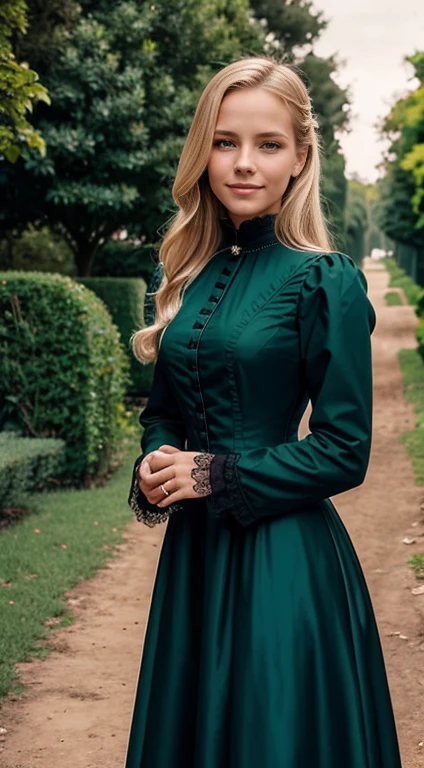 Foto hiperrealista en primer plano de 20 years old Maria Bello, Create dystopian masterpieces, victorian era clothing, rich dress, wearing a Victorian-era dress with long-sleeves, green dress, garden, beautiful woman, skinny, small breasts, straight blond hair, detailed face, smile smile, photo taken from a distance, age 20 tears old