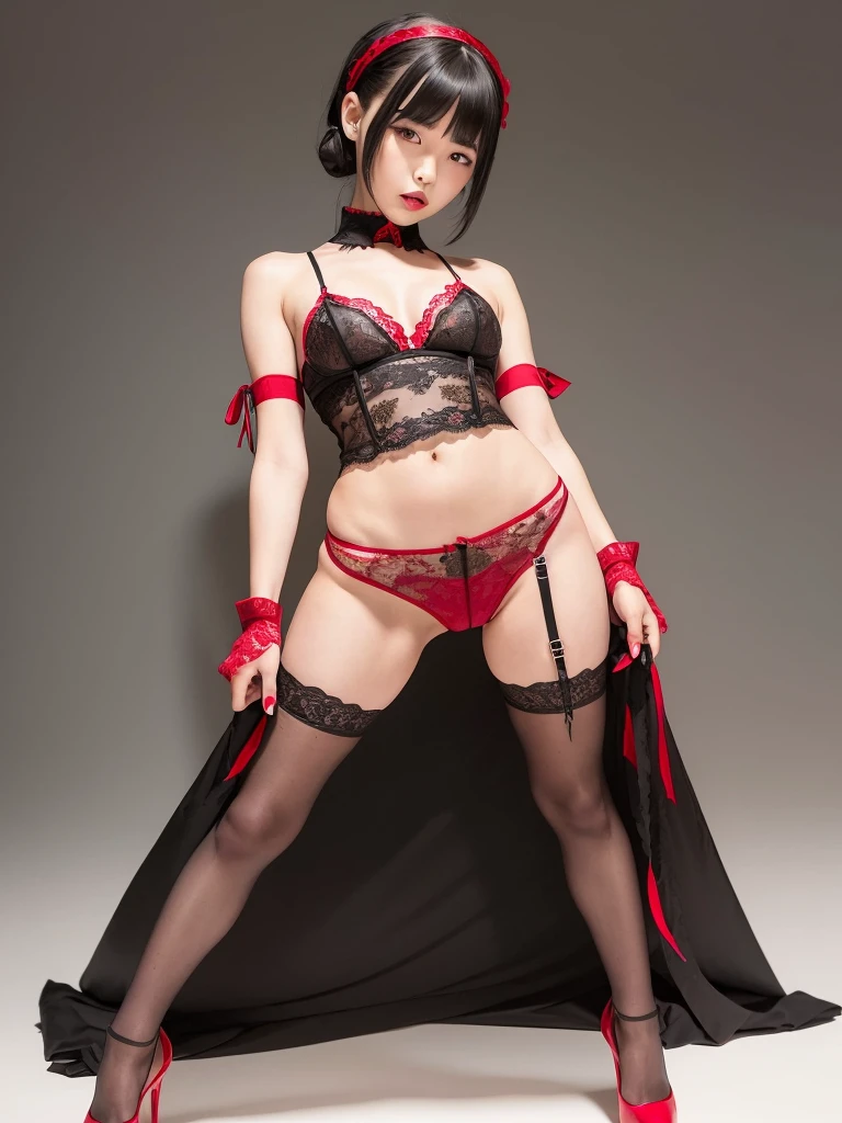 A slender 10-year-old Japanese girl with bright red lips is standing,((Full body images))、Attractive beautiful legs、Wearing strappy stiletto pumps、Seduce you with gothic fashion, Black lace blouse、（Blouse shirt with red ribbon on the chest）、((Wearing red lace gloves))、（Looking up from bottom）, solo, I&#39;m  , Photos taken by a professional photographer, There are no adults in this room.., Seductive makeup, Vampire Makeup, (Baby Face:1.2), infant, Skinny body, , Asian, Dominator, Stiletto heels, garter belt, Sexy gloves, Bondage Fashion, Small choker, Black lace, Highly detailed face, Very nice teeth, Highly detailed lips, Highly detailed mouth, Shiny Hair, Shiny skin, Fair skin, 4K, Photo Real, Very realistic, masterpiece
