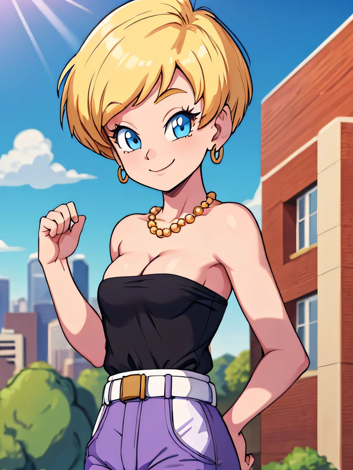 erasa, blonde hair, short hair, blue eyes, earrings, black shirt, strapless, cleavage, small breast, white belt, purple pants, 1 girl, solo, smile, seductive, city, sunlight, bead necklace, blue sky, Masterpiece
