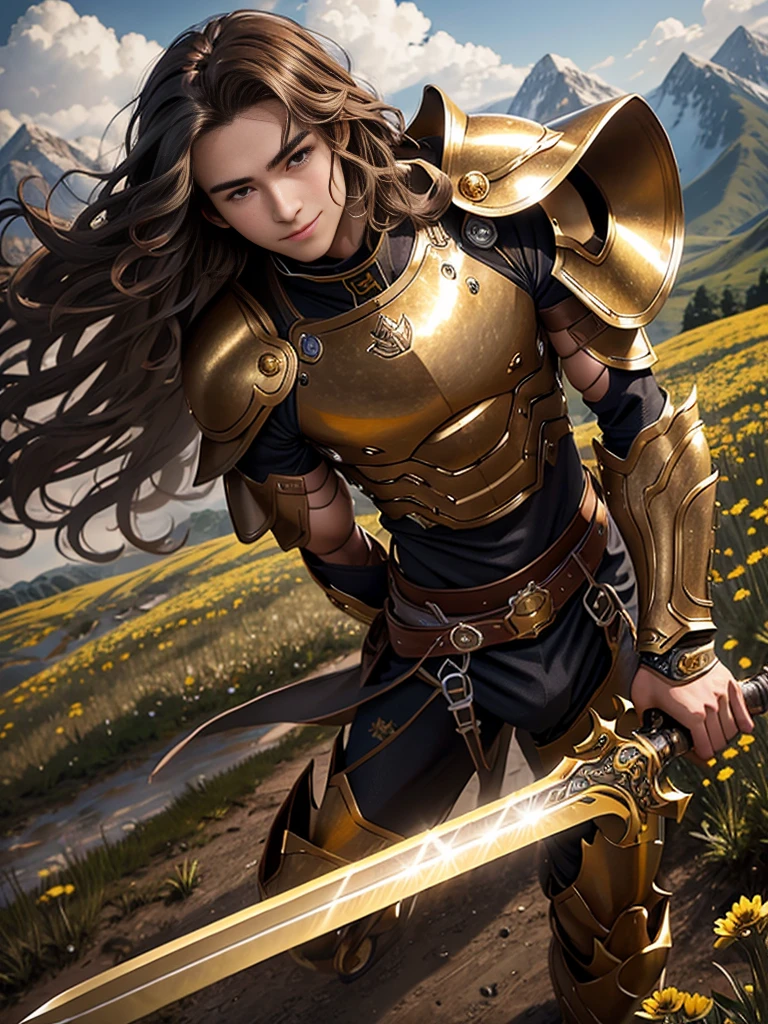 Ultra-high resolution、Ultra-high quality、8k、Nuanced expression、Steel Boy、fit、Brown hair long curly hair、Wearing golden metal armor、With a big sword、Come on、still々Smile、Mountain meadow landscape
