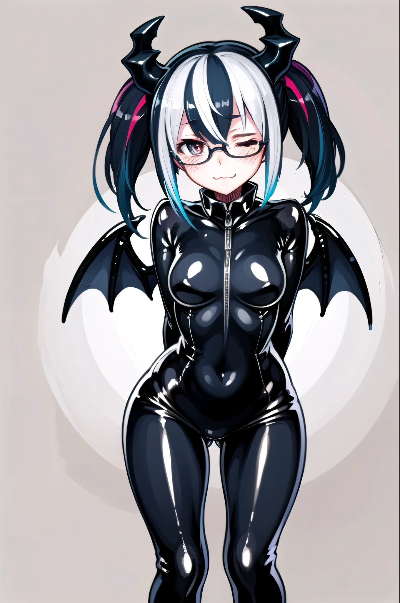 masterpiece,best quality,light particles,1girl,(solo),demon horns,twintails,streaked hair,bodysuit,shiny bodysuit,glasses,demon wings,medium breasts,wide hips,thick thighs,:3,one eye closed,(bent over),arms behind back,(multicolored background),cowboy shot,