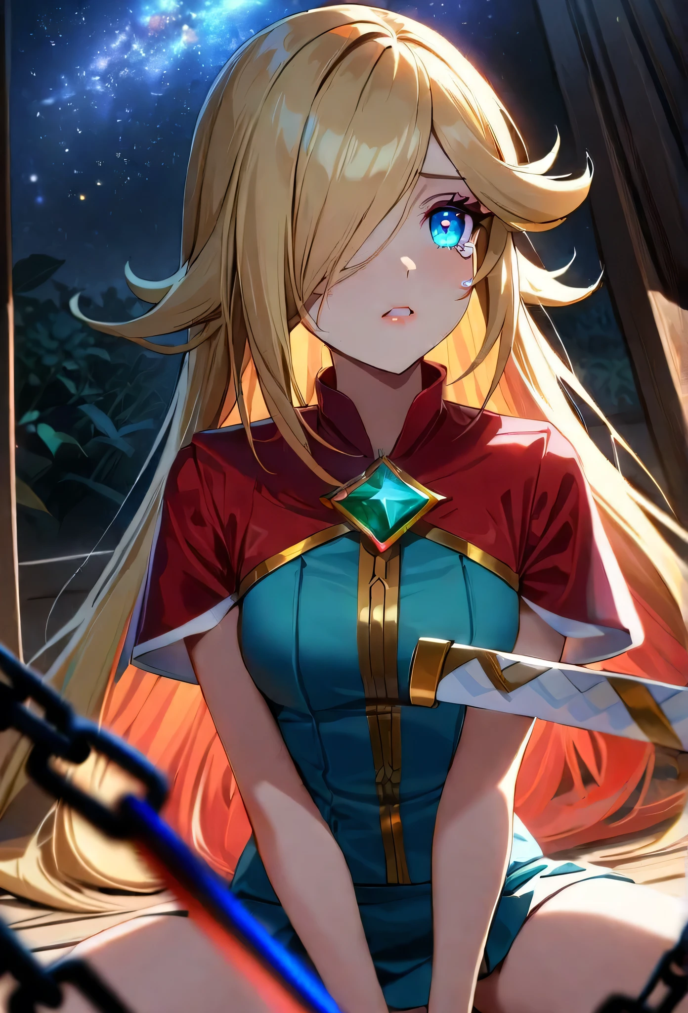 1 girl, ultra long ponytail hair, side bangs hair, straight hair, gorgeous woman, hair over one eye, detailed make up, Rosalina hair style, blonde, red bangs in the hair, with red fringes, ultra detailed face, sharp eyes, glowing lips, glowing, school girl, glowing lips, glowing blue eyes, kneeling on the floor, sad, tears, cute, long eyelashes, long black boots , looking to the sky, starry sky, holding down a katana, ultra detailed katana, short skirt, fingerless gloves, fitness, confident, white sleeveless blouse, short jacket, lots of adornment, chains adornment, cute woman, dinamic view, garden,